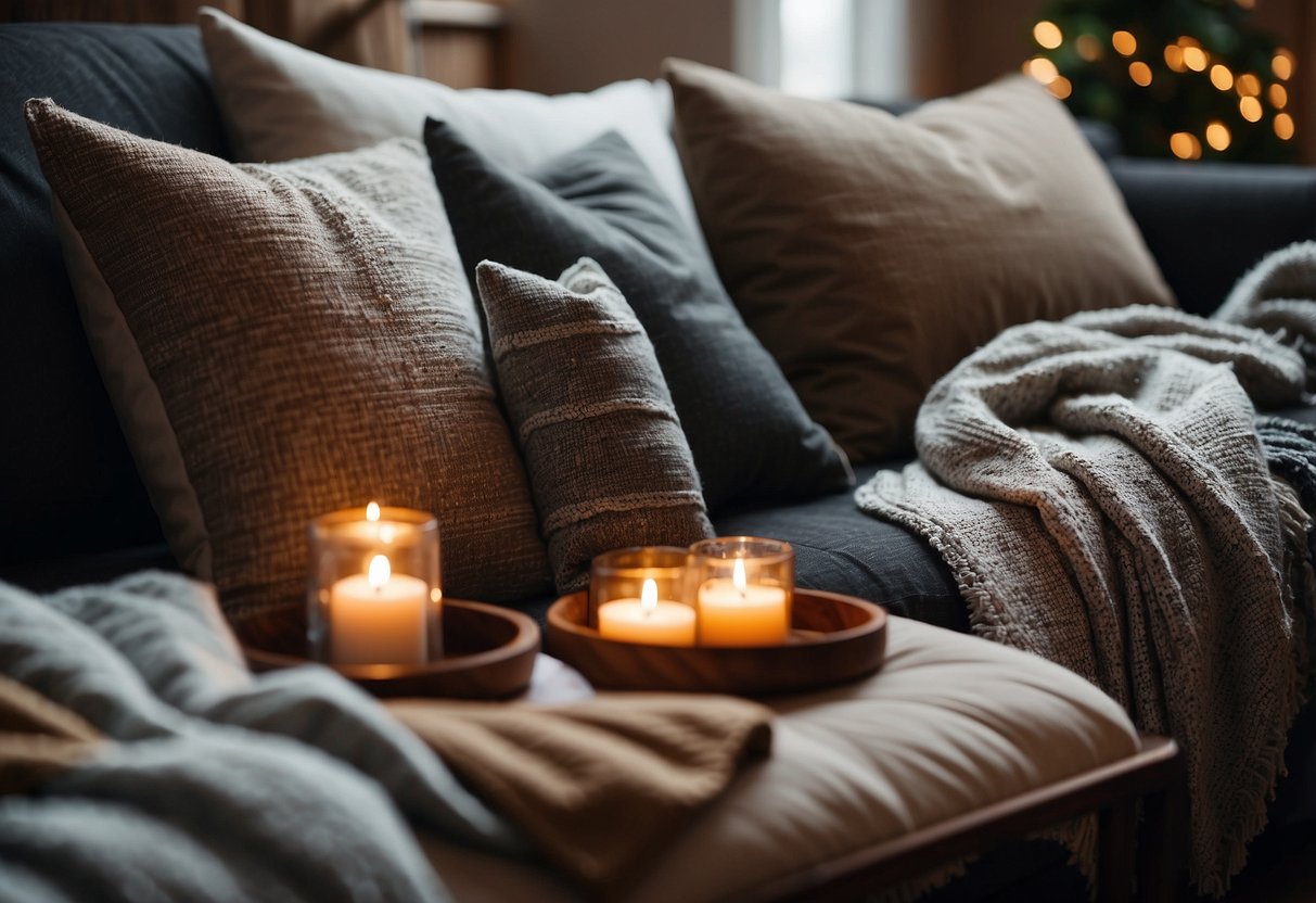 A cozy living room with a variety of textured pillows, layered throw blankets, and a mix of materials like wood, metal, and fabric