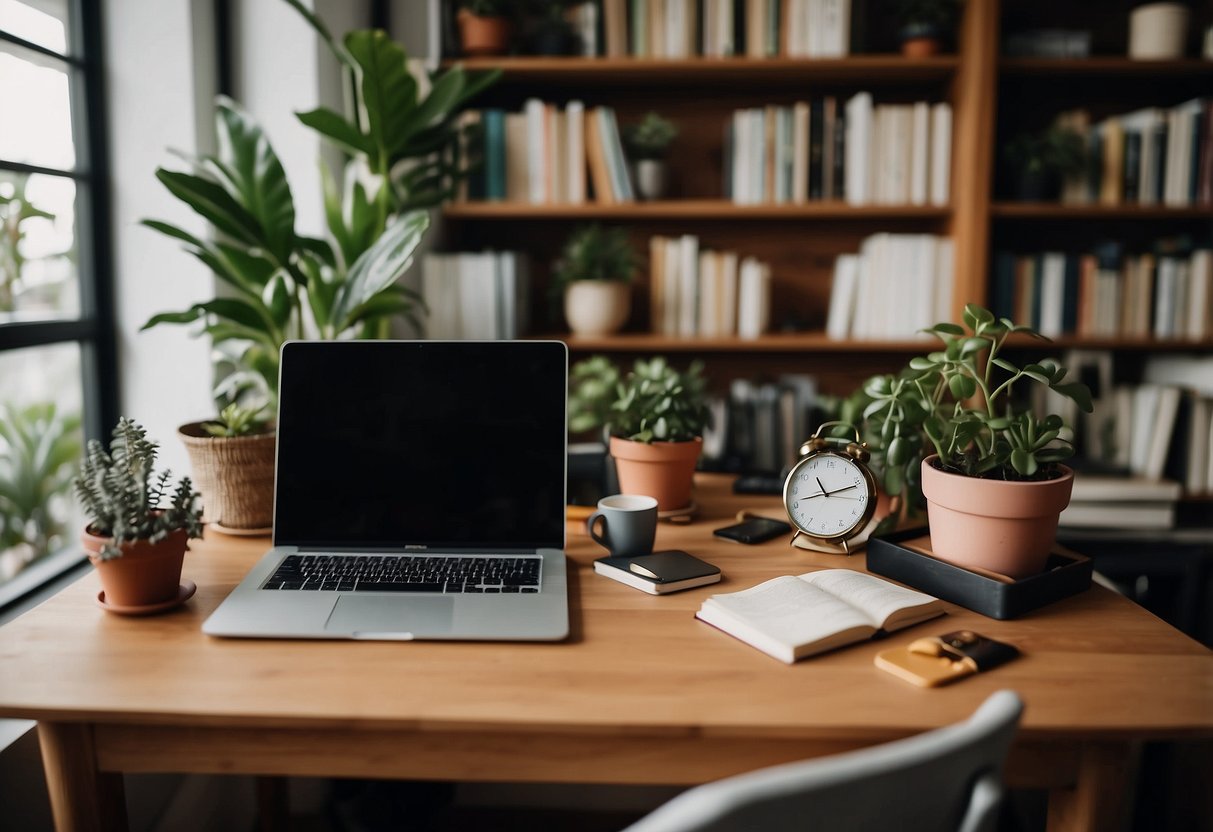 A cozy home office with a stylish bookshelf displaying a mix of books, decorative items, and plants. A desk with a laptop and a comfortable chair completes the inviting workspace