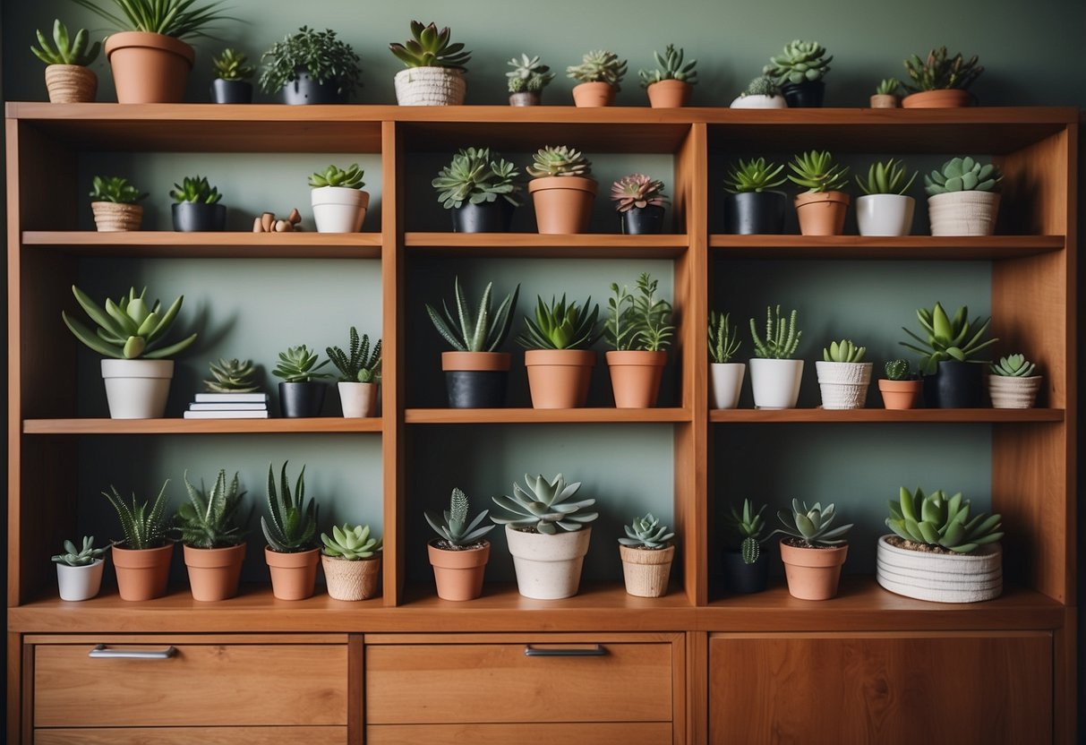 A bookshelf filled with potted succulents in a cozy home office setting