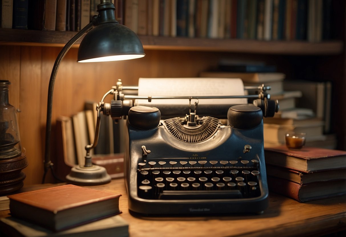 A cluttered bookshelf with worn copies of "The Catcher in the Rye," old typewriter, and vintage desk lamp. Cozy, lived-in atmosphere