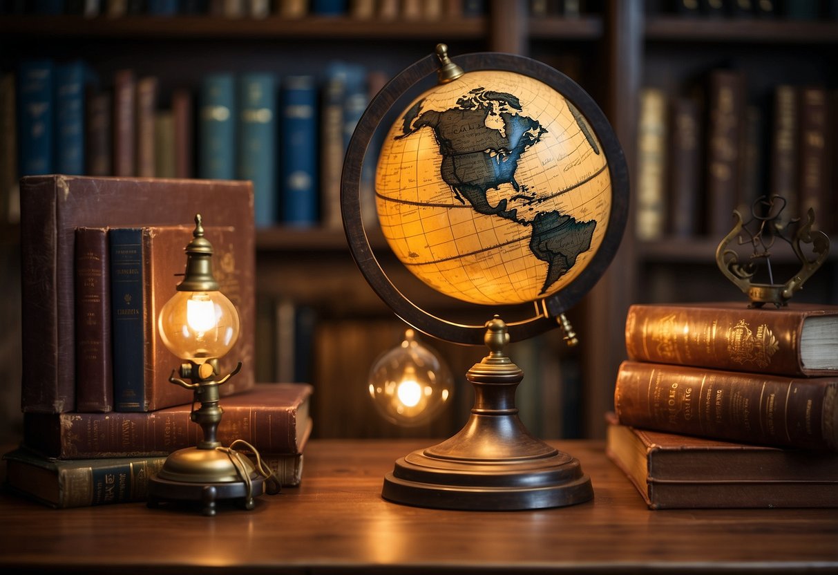 A vintage globe sits on a wooden bookshelf, surrounded by antique books and other travel-themed decor. A desk lamp illuminates the scene, casting a warm glow over the office space