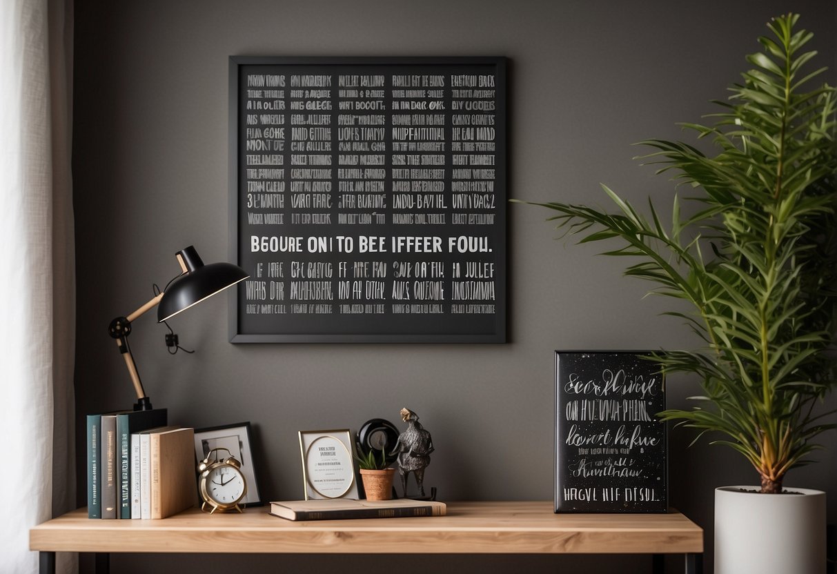 A bookshelf filled with framed inspirational quotes, arranged neatly in a home office, creating a motivational and stylish decor