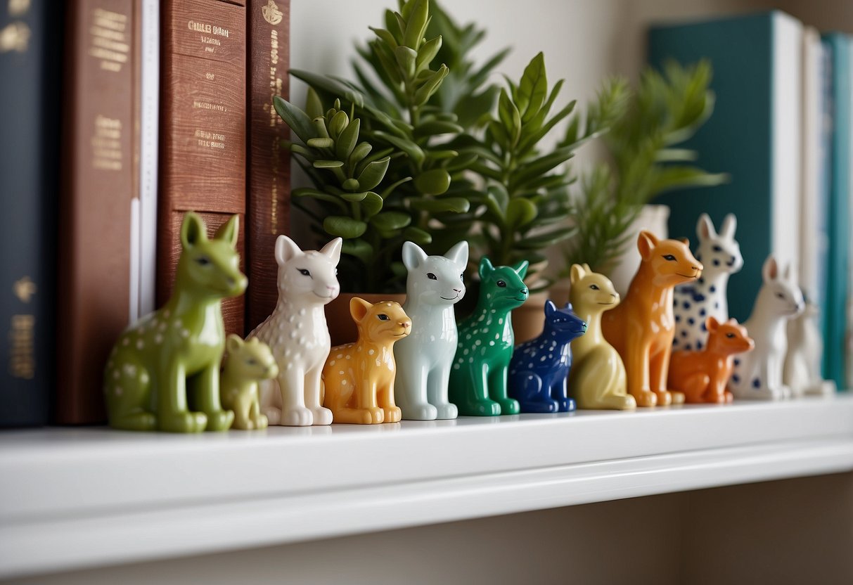 Colorful ceramic animal figurines arranged on a white bookshelf with green plants and natural light