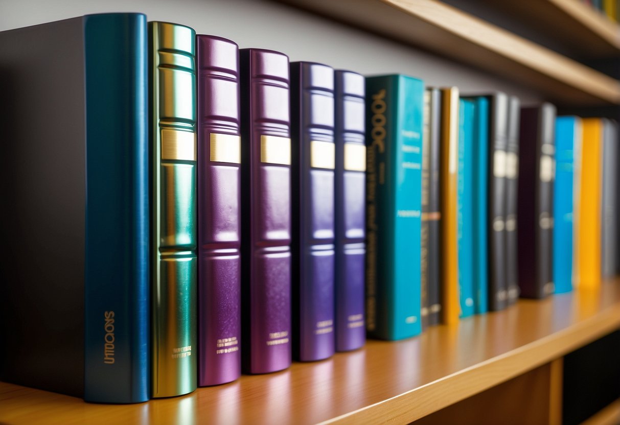 Two sleek metallic bookends hold up a row of colorful books on a modern home office bookshelf