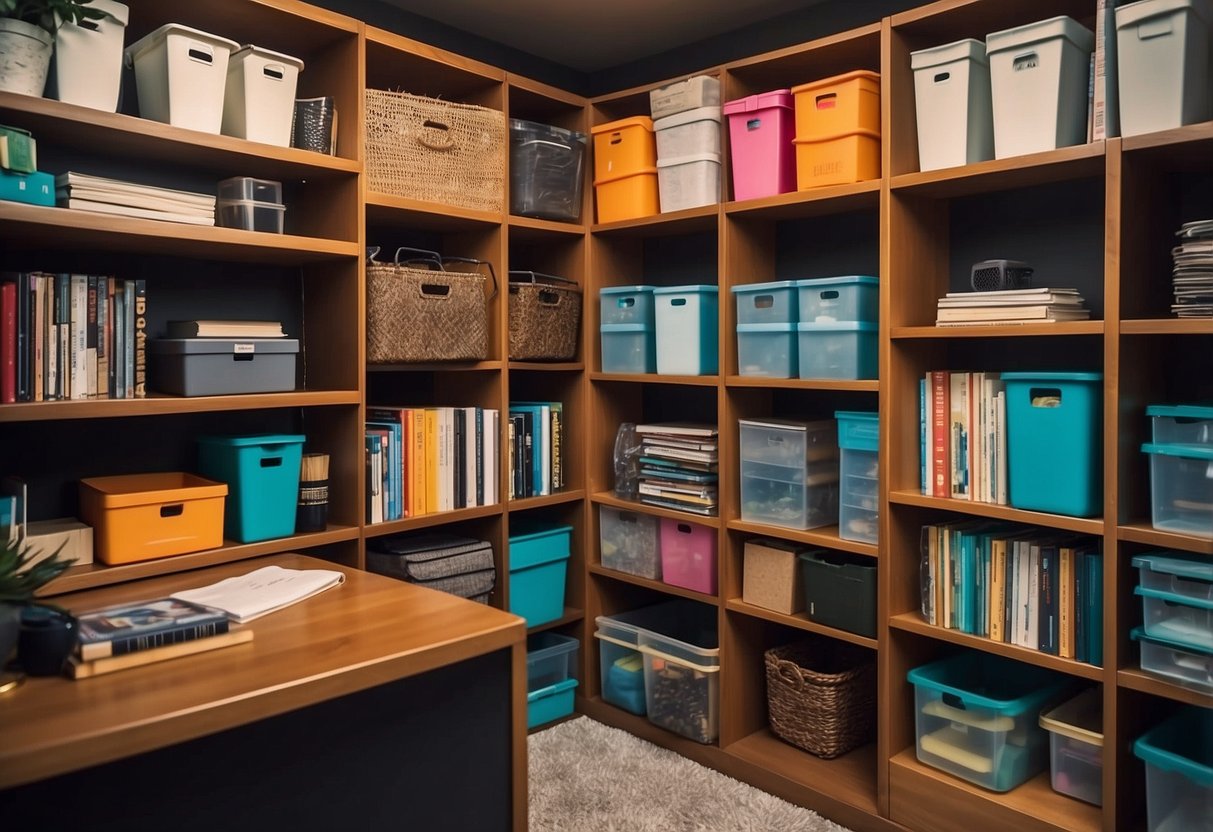 A bookshelf filled with colorful storage bins adds a vibrant and organized touch to a home office decor