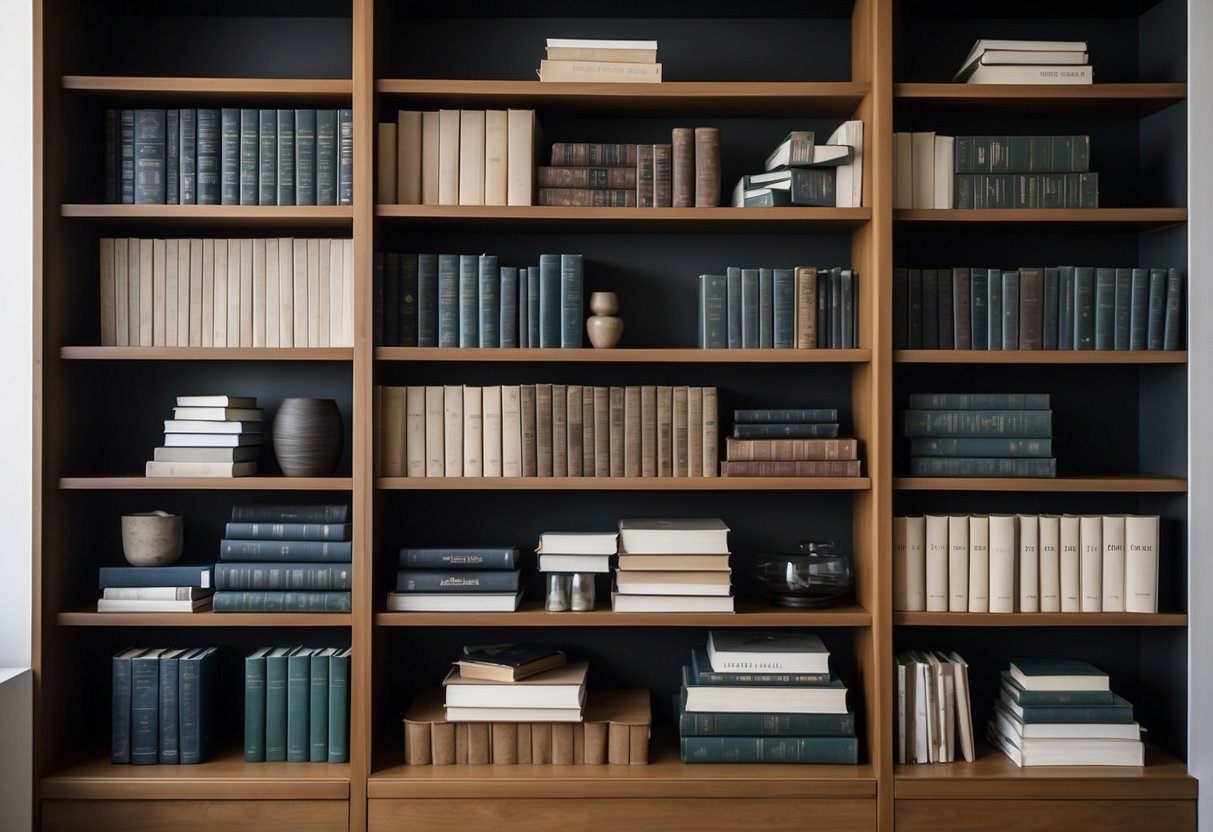 A tidy bookshelf with neatly arranged books, minimal decor, and organized office supplies