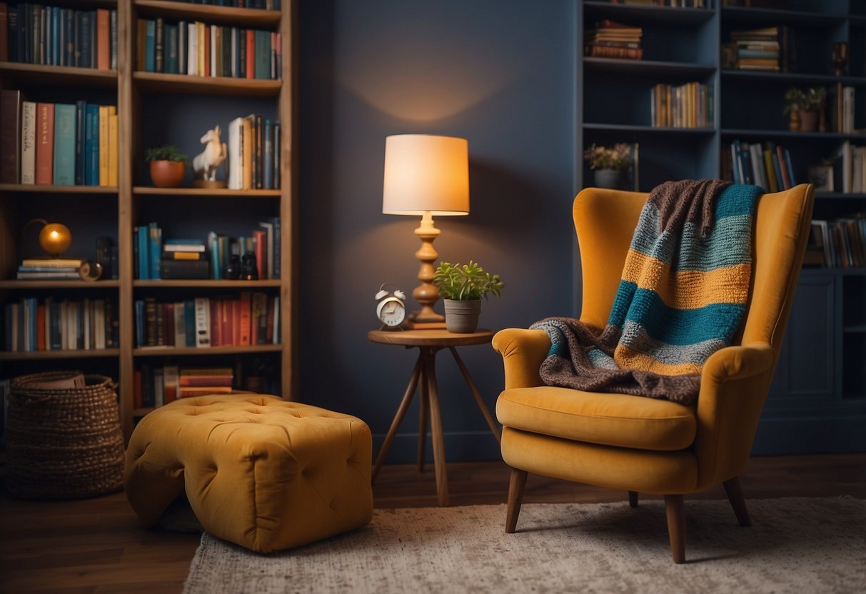 A cozy reading nook with a bookshelf filled with colorful books, a comfortable armchair, and a soft throw blanket. A warm lamp illuminates the space, creating a relaxing atmosphere for book lovers