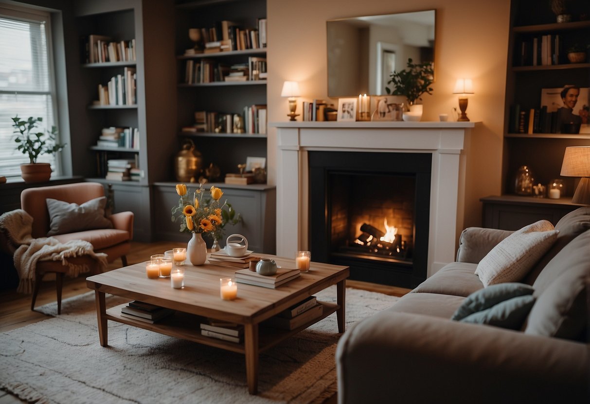 A cozy living room with mismatched furniture, soft blankets, and shelves filled with home decor books. Warm lighting and a fireplace create a welcoming atmosphere