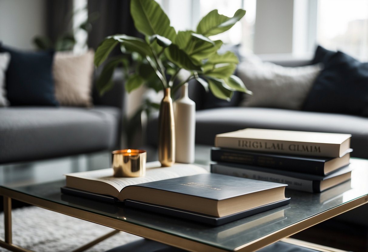 A stylish living room with "Elements of Style" book on a chic coffee table, surrounded by modern decor and cozy textiles