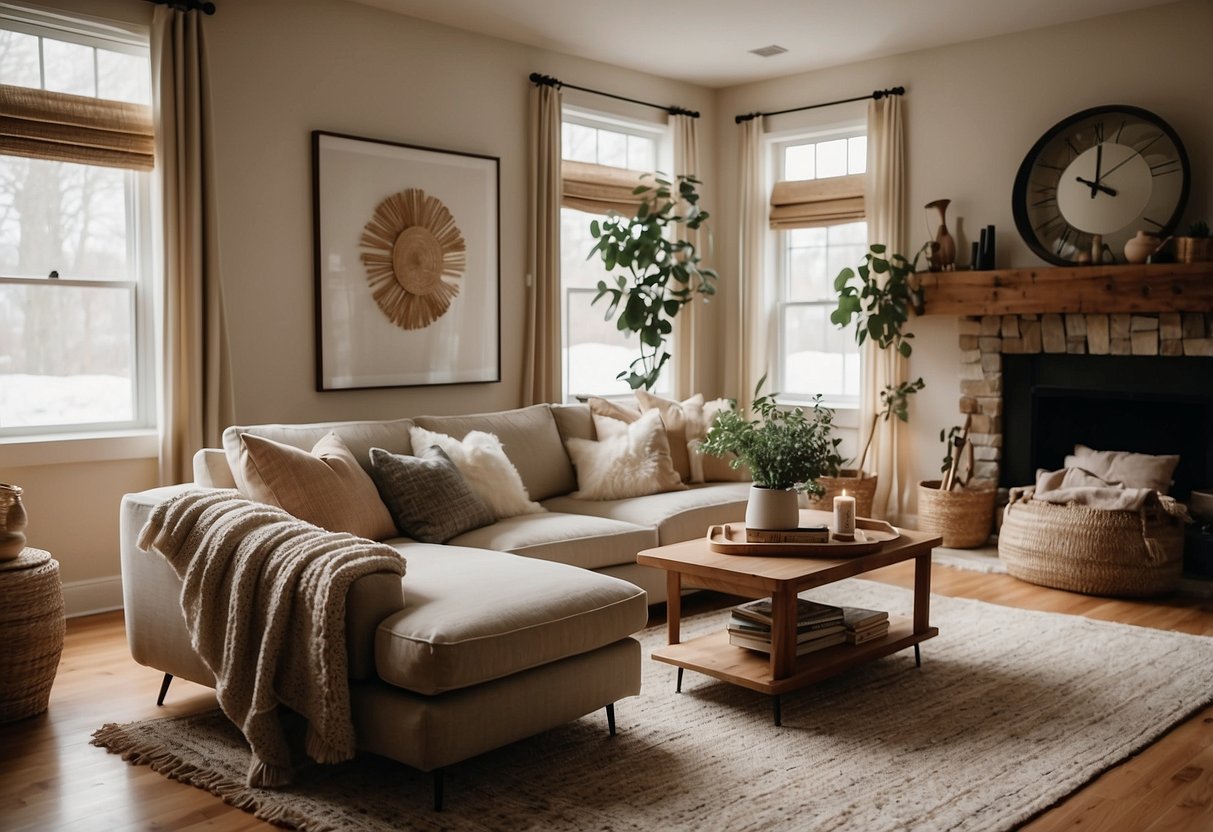 A cozy living room with a neutral color palette, natural textures, and warm lighting. A comfortable sofa, layered rugs, and a mix of vintage and modern decor create a welcoming and stylish space