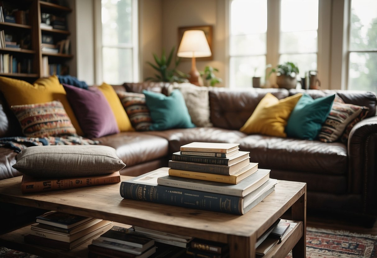 A cozy living room with mismatched vintage furniture, colorful throw pillows, and stacks of art and design books on a rustic coffee table