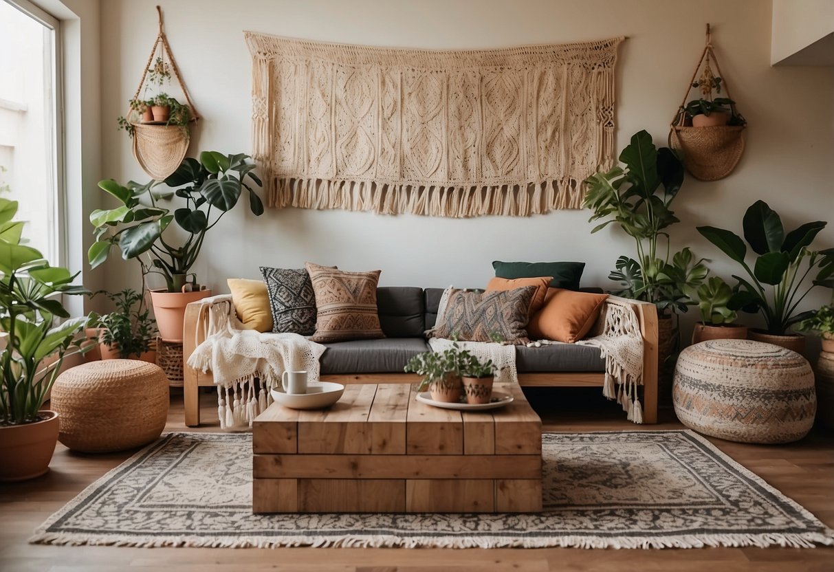 A cozy boho living room with a low-lying wooden coffee table, floor cushions, and a variety of patterned throw pillows. A macrame wall hanging and potted plants add to the eclectic and relaxed vibe