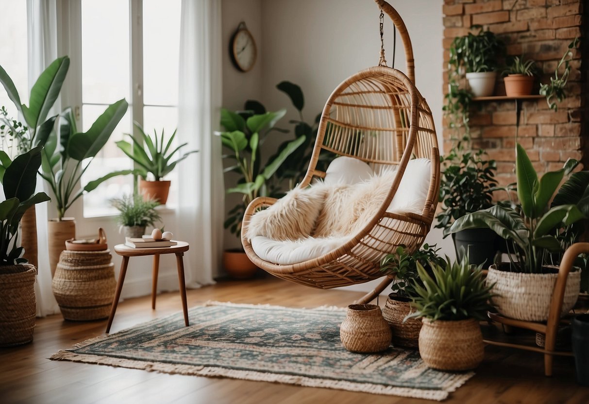 A cozy boho living room with a rattan egg chair, layered rugs, hanging plants, and colorful throw pillows