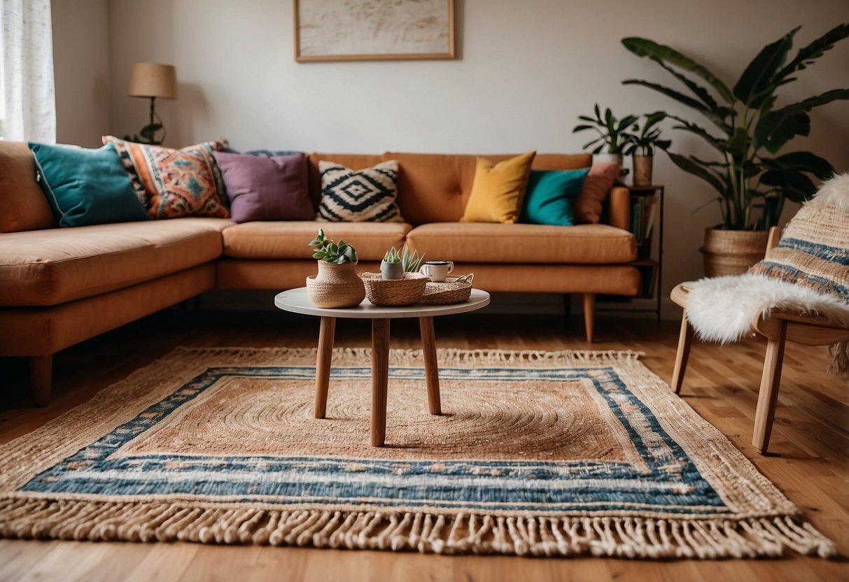 A handwoven jute rug lays on a hardwood floor in a boho living room, surrounded by eclectic furniture and vibrant textiles