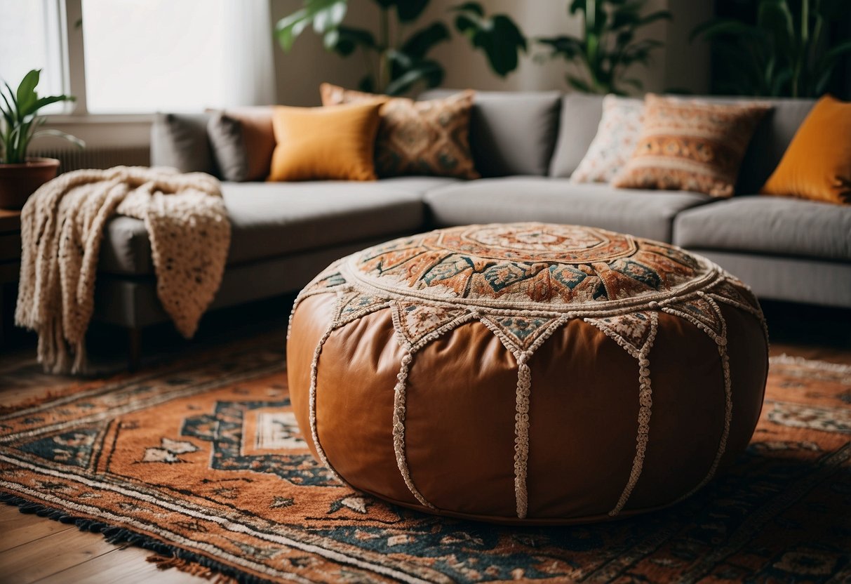 A cozy boho living room with a vintage Moroccan pouf as a stylish home decor accent. Rich colors, textured fabrics, and eclectic patterns create a warm and inviting atmosphere