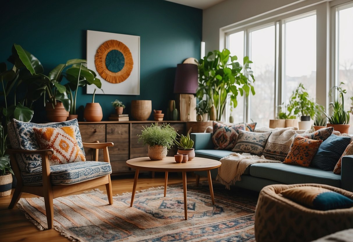 A cozy living room with eclectic furniture, vibrant colors, and an array of patterned textiles. Plants and artwork add a touch of bohemian flair to the modern decor