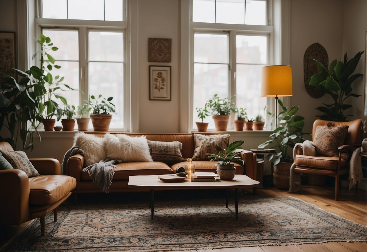 A cozy living room with vintage Persian rugs, eclectic decor, and modern bohemian accents