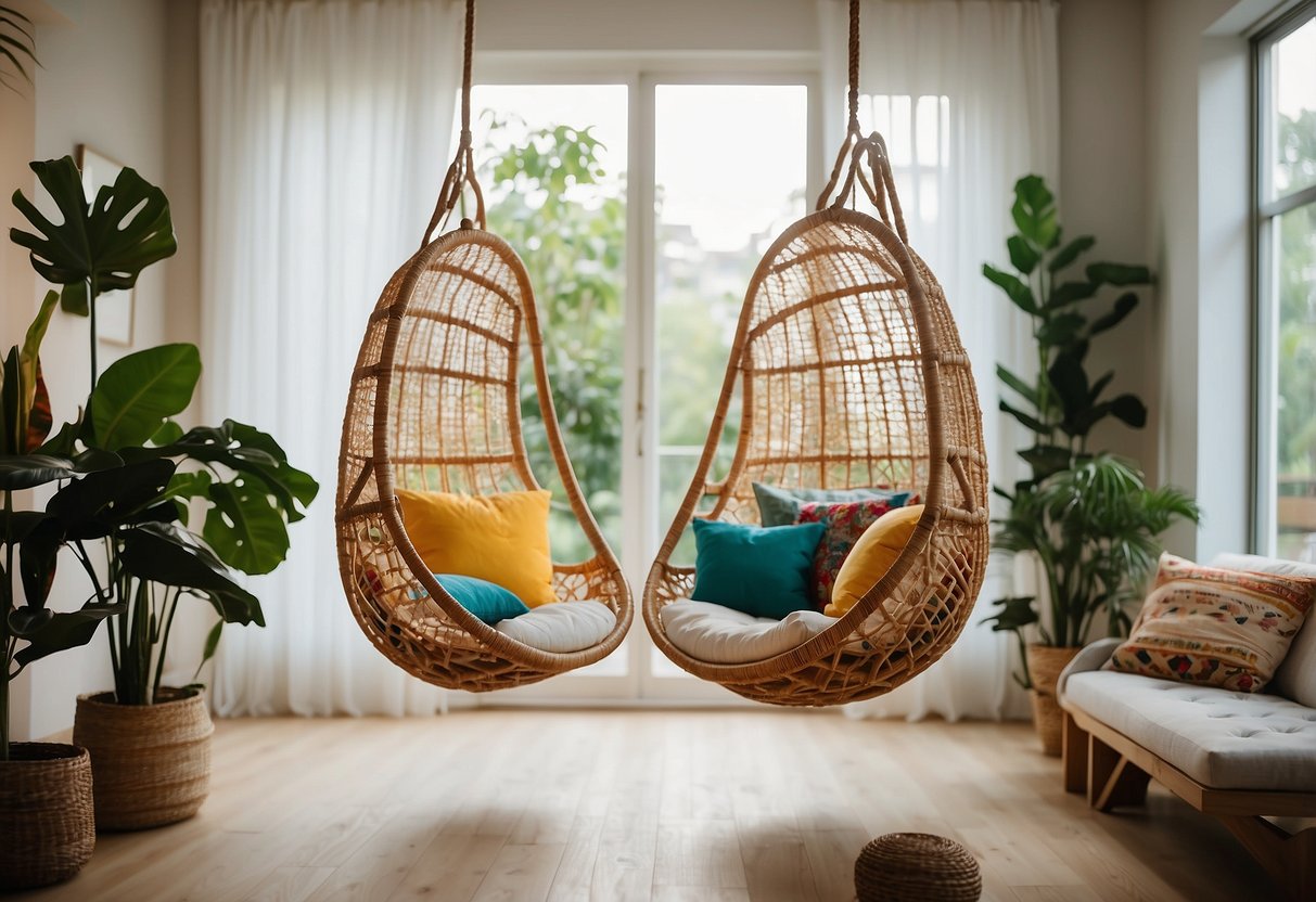 Two rattan hanging chairs suspended from the ceiling in a bohemian modern living room, surrounded by plants and colorful textiles