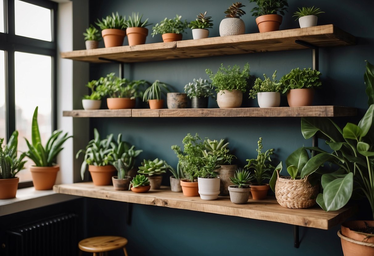 Reclaimed wood shelves adorn a bohemian modern home, adorned with plants and eclectic decor, creating a cozy and stylish atmosphere