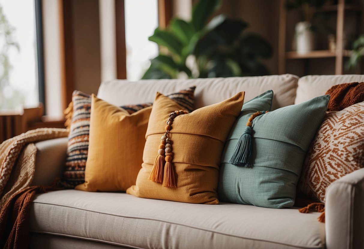 Vibrant tassel throw pillows arranged on a cozy sofa in a bohemian living room with eclectic decor and natural light streaming in from the window