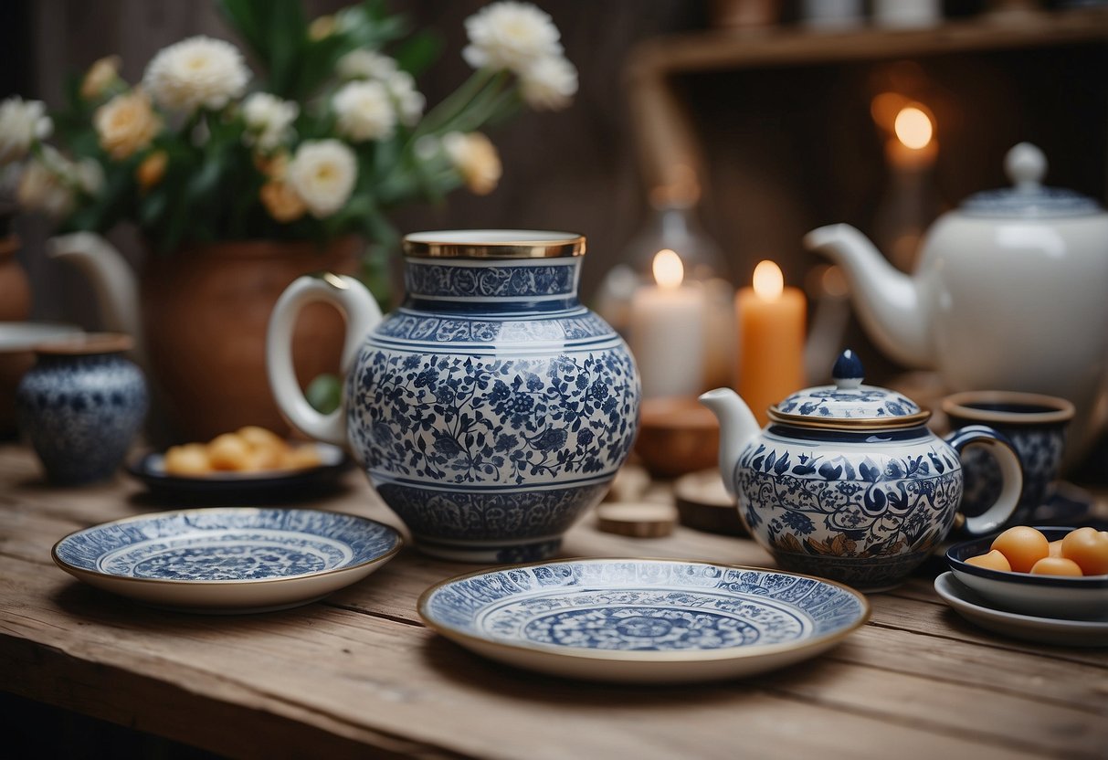 A table adorned with hand-painted ceramics, surrounded by modern bohemian decor