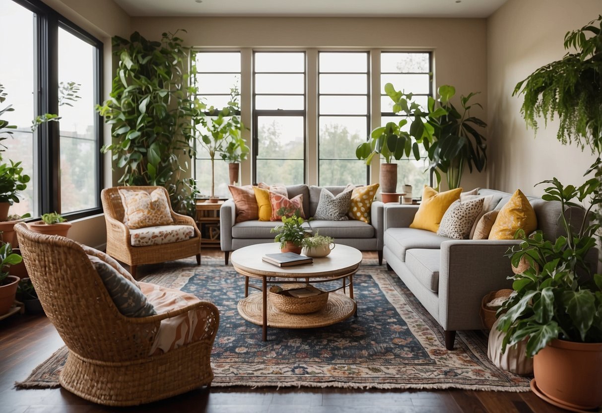 A cozy living room with eclectic furniture, vibrant textiles, and potted plants. A mix of patterns and textures creates a relaxed and inviting atmosphere