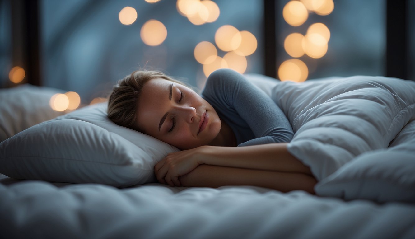 A person sleeping comfortably under a lightweight, breathable comforter with moisture-wicking fabric, surrounded by a cool, well-ventilated room