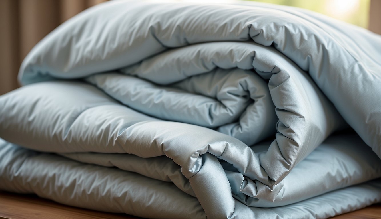 A stack of lightweight, breathable comforters made from cooling materials like bamboo or eucalyptus, with moisture-wicking technology for hot sleepers