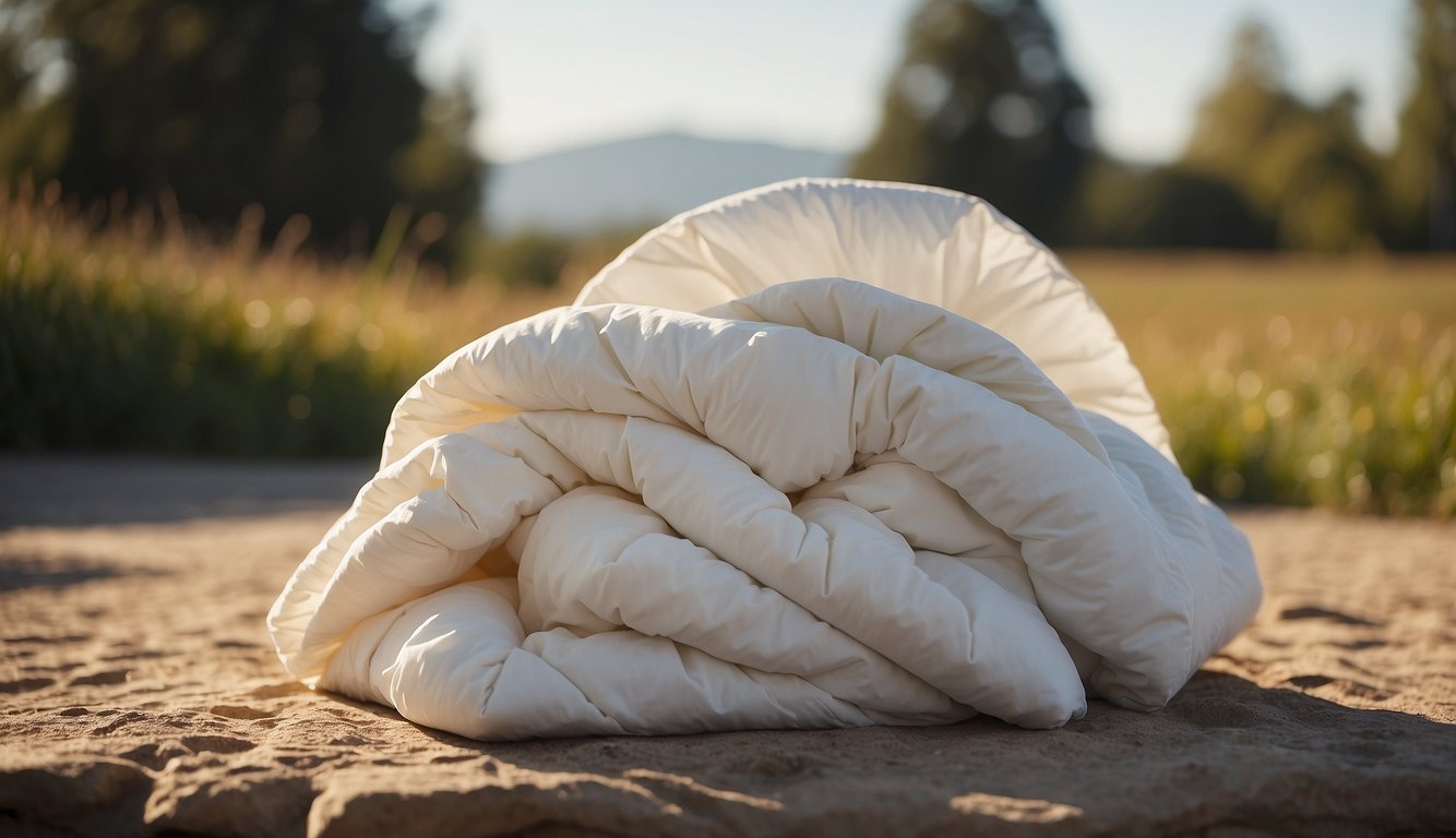 A comforter being gently fluffed and aired out in a sunny, open space