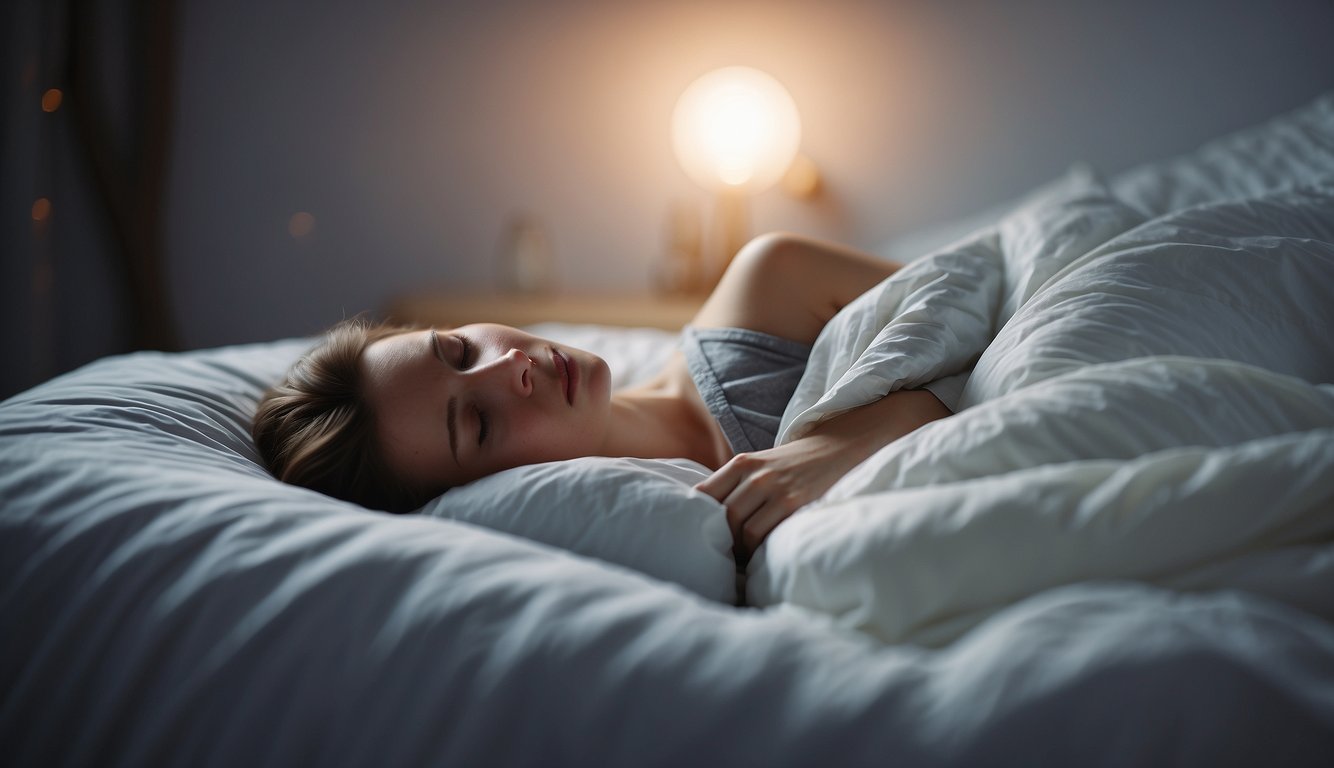 A person peacefully sleeping under a lightweight and breathable comforter, with a fan gently blowing in the background to keep them cool