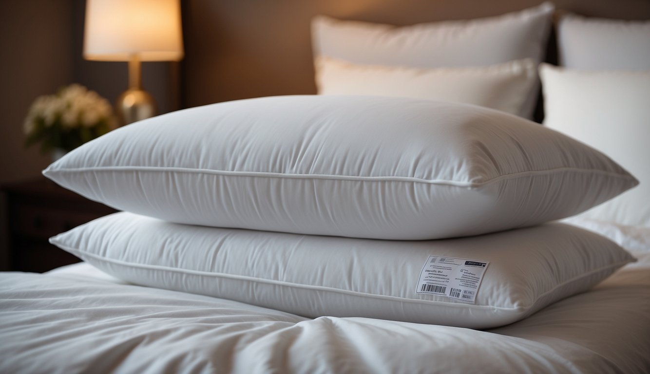 Fluffy down pillows stacked on a bed, adorned with a "best-rated" label