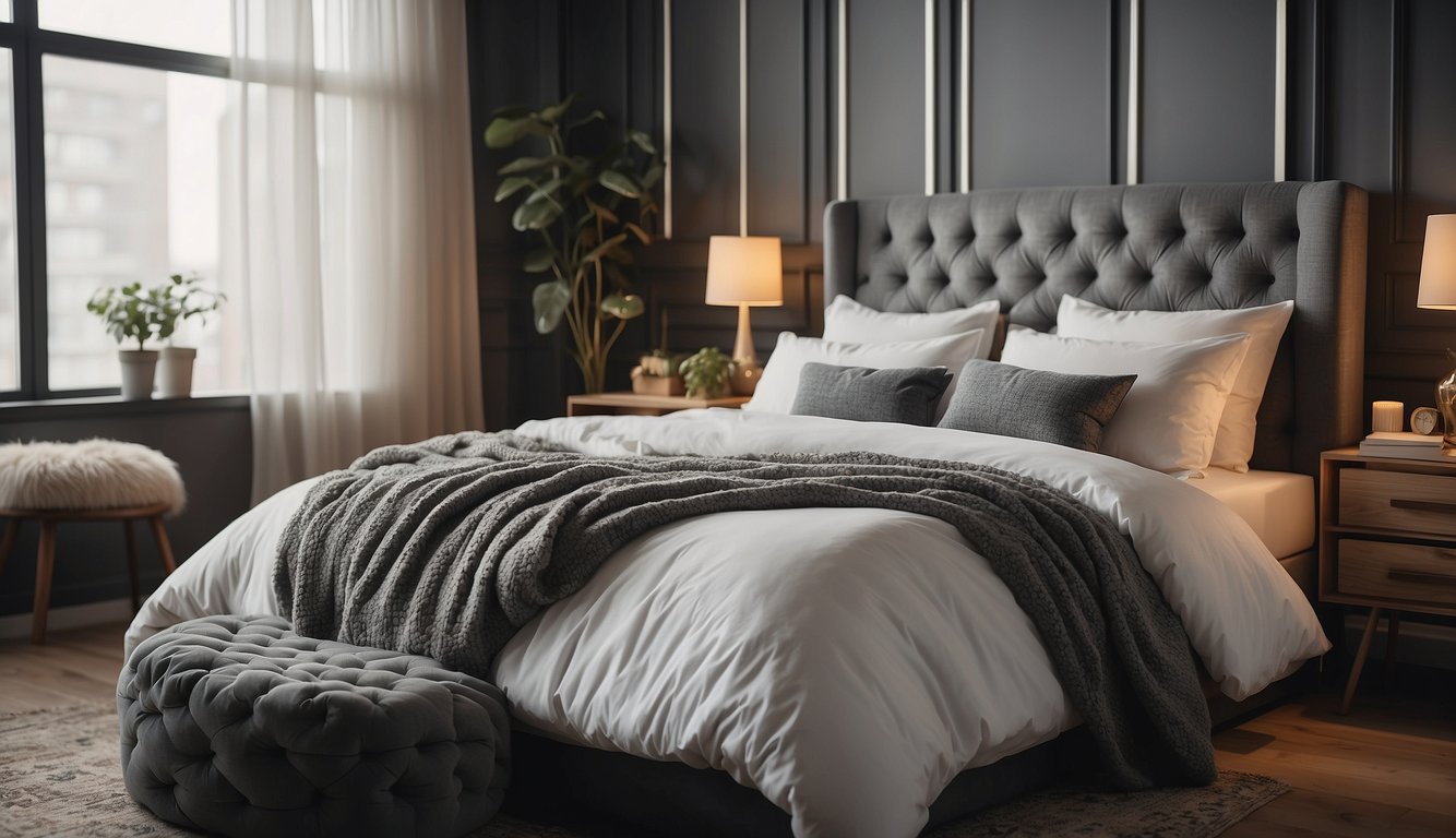 A cozy bed with fluffy down pillows, surrounded by a soft, serene atmosphere