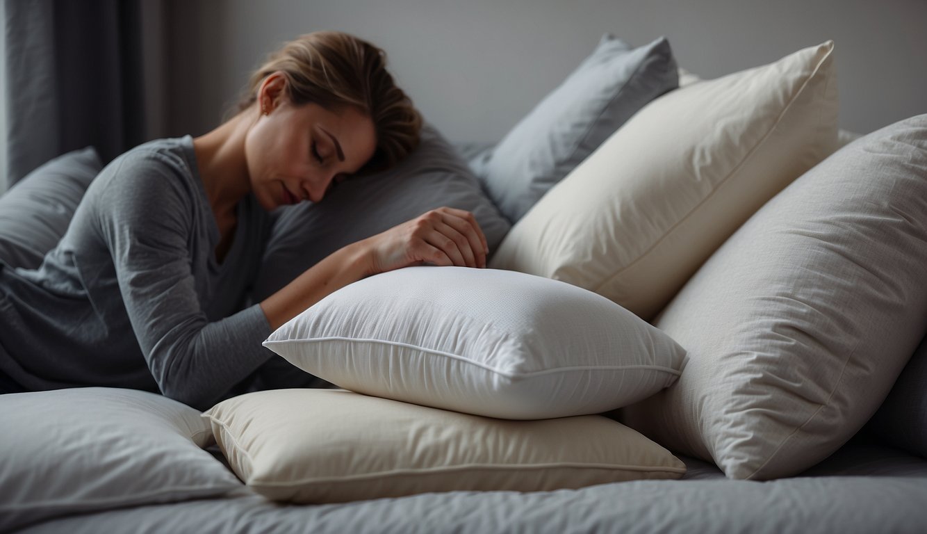 A person comparing different down pillows, surrounded by various options and reading reviews