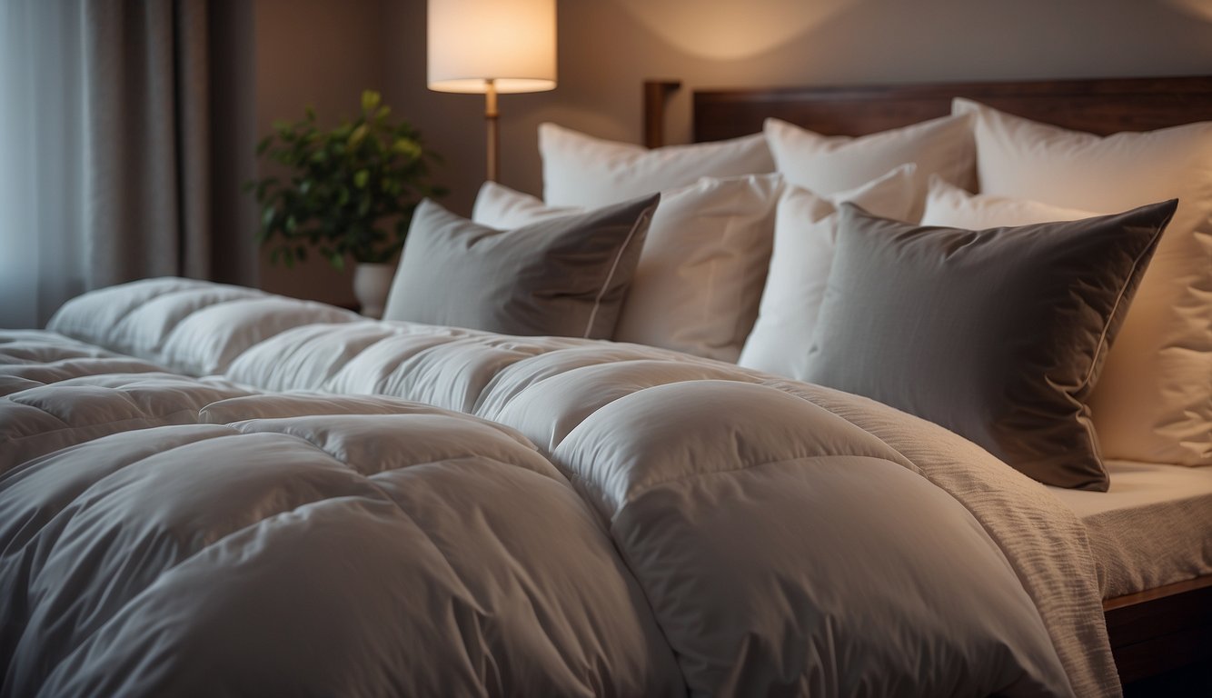 A top-down view of three best-rated down pillows arranged neatly on a bed, with soft lighting and a cozy atmosphere