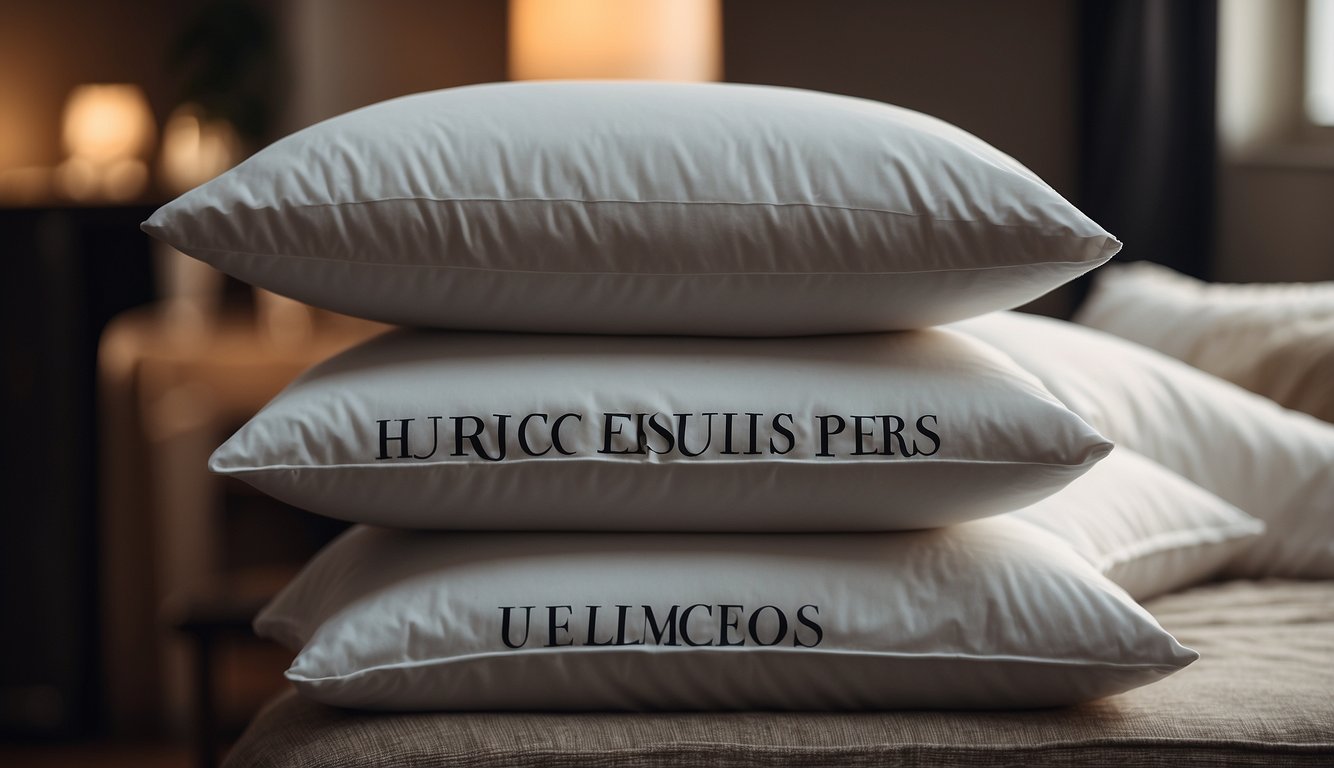 A stack of down pillows with a "Frequently Asked Questions" sign next to them