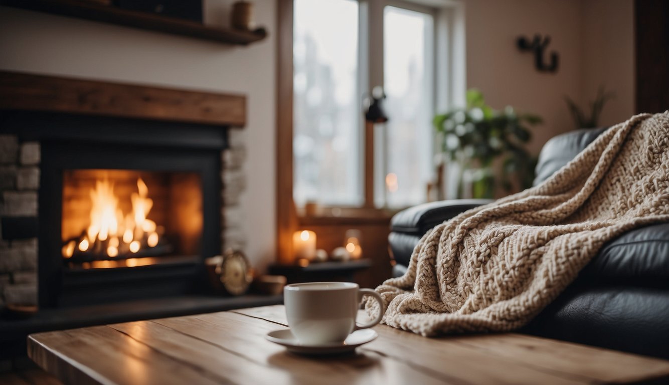 A cozy living room with a soft throw blanket draped over a plush sofa, next to a crackling fireplace and a steaming cup of tea