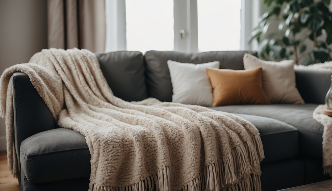 A cozy living room with a plush throw blanket draped over a sofa, featuring a textured pattern and soft fringe details