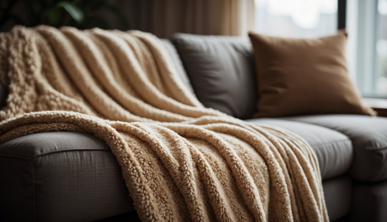 A cozy throw blanket drapes over a plush sofa, inviting relaxation. Its soft texture and warm colors exude comfort and functionality