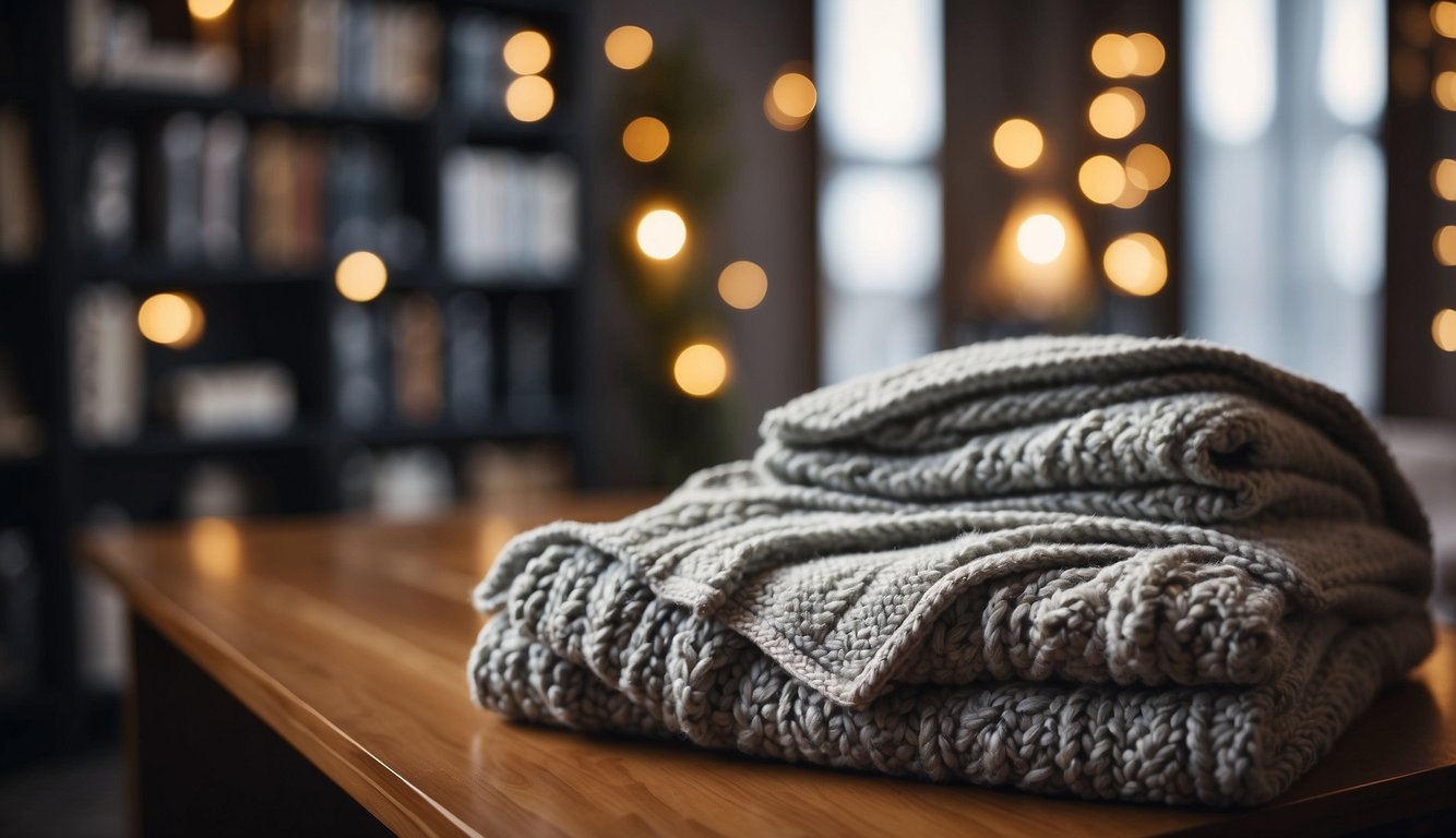 A cozy throw blanket displayed on a shelf with care instructions and purchasing tips nearby