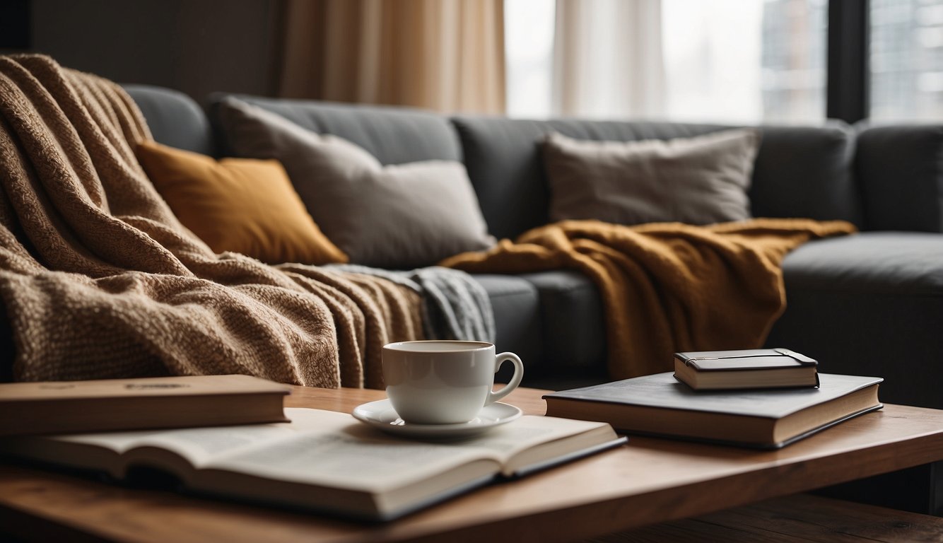 A cozy living room with a plush throw blanket draped over a sofa, next to a stack of books and a warm cup of tea