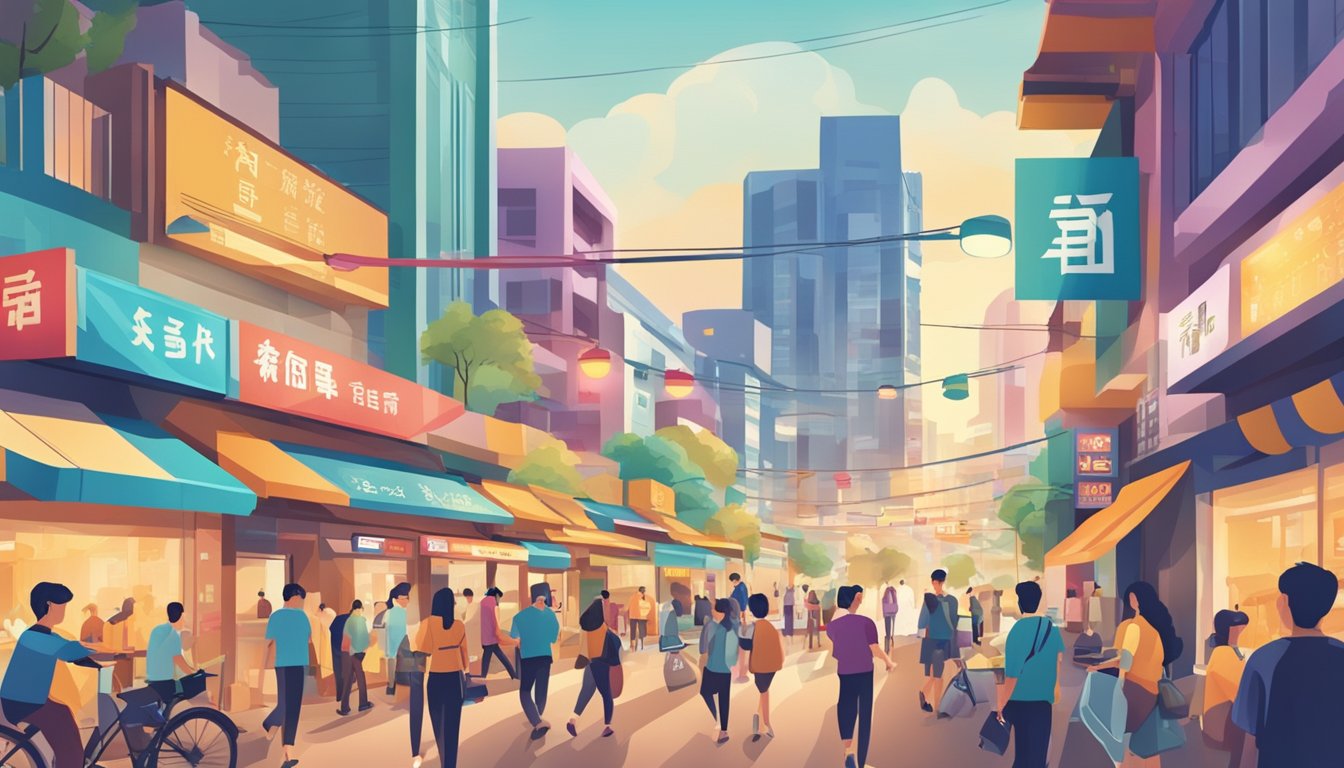A bustling street in Yishun, with a prominent sign for the best licensed money lender. Bright colors and busy atmosphere