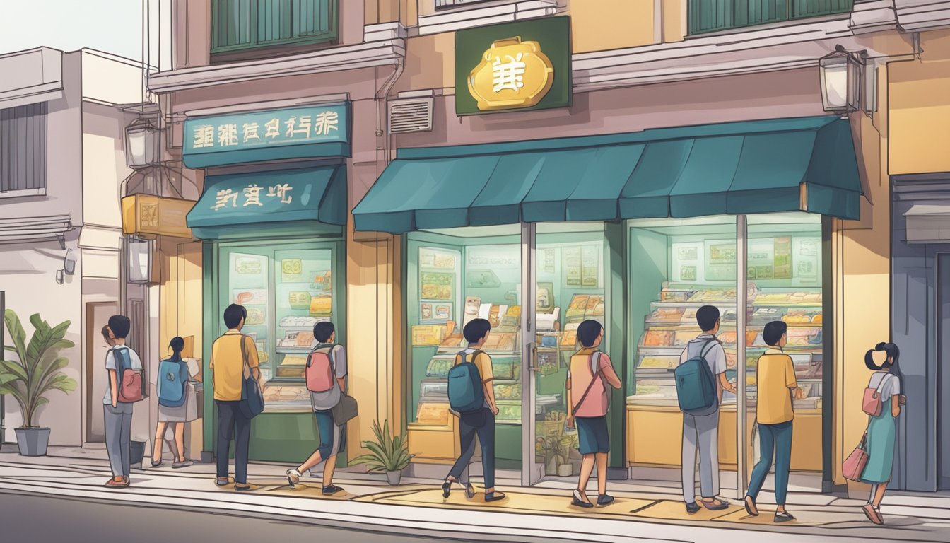 A storefront with a prominent sign reading "Best Licensed Money Lender in Yishun." People entering and exiting the establishment, with a line of customers waiting outside