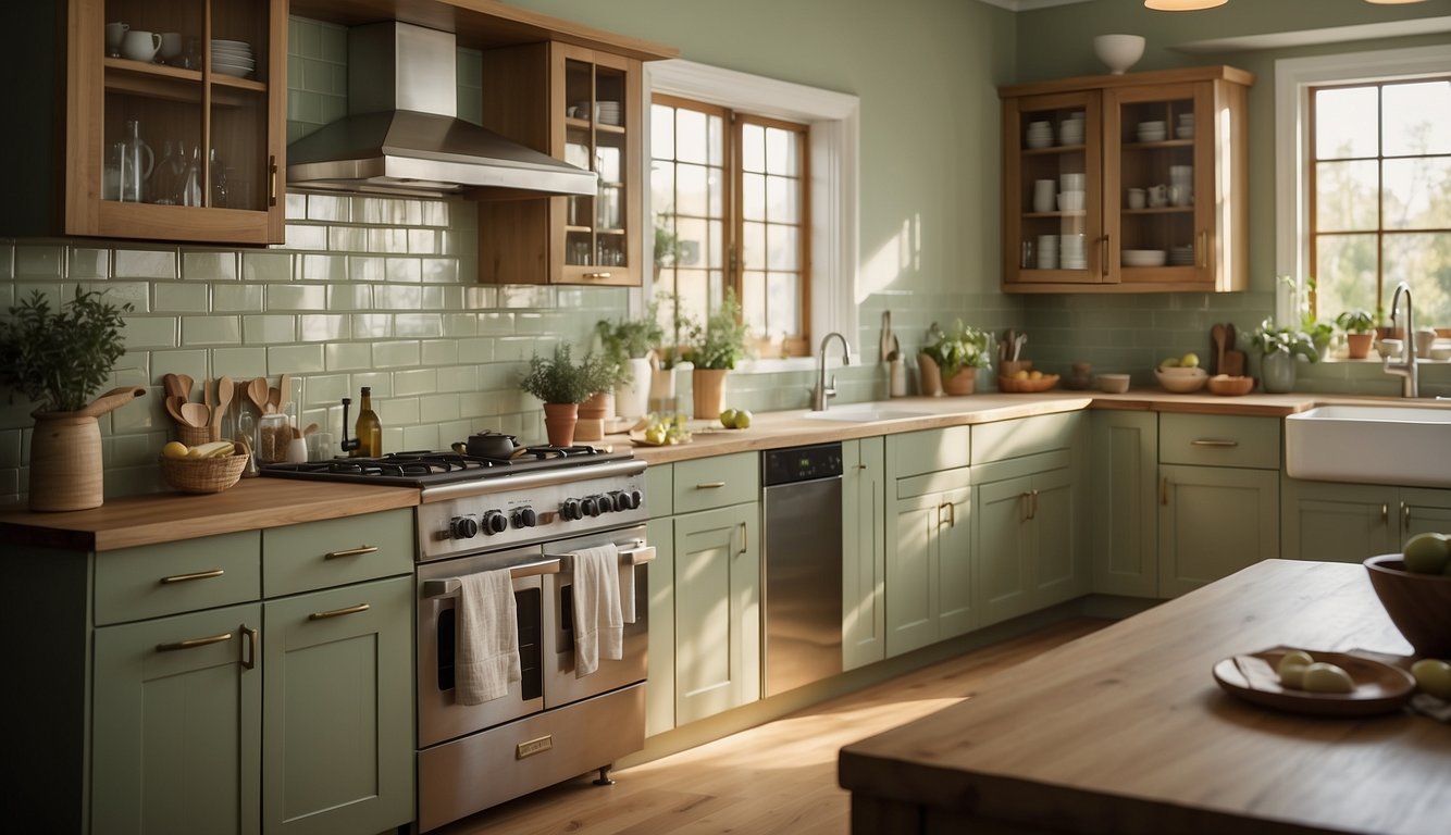 The kitchen is bathed in soft sage green hues, complementing the warm honey oak cabinets. Light streams in through the windows, casting a gentle glow on the serene, earthy color palette