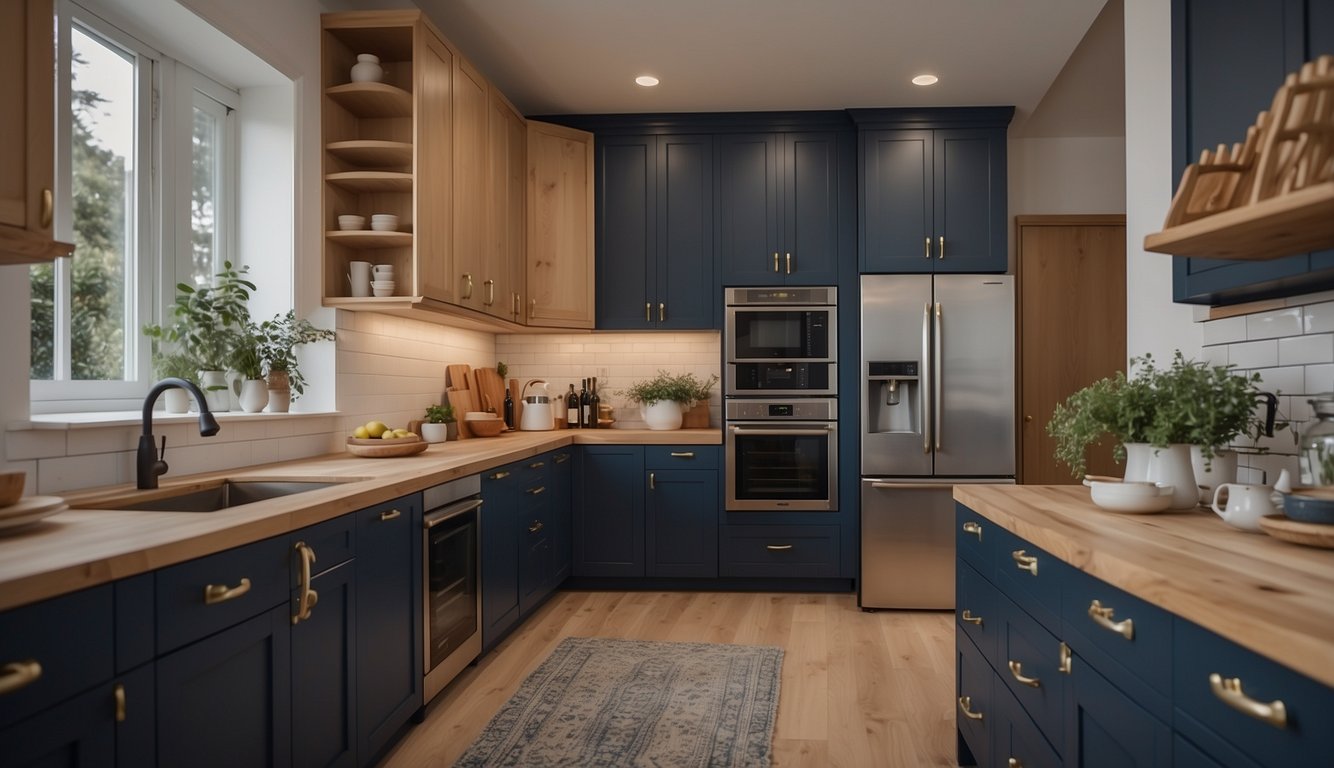 A kitchen with honey oak cabinets painted in muted navy, with soft lighting and minimal decor