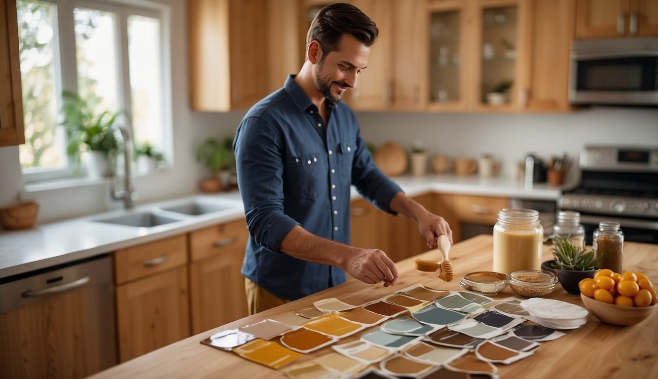 A kitchen with honey oak cabinets, a person holding paint swatches, choosing from 5 different colors. A paint can and brush on the counter