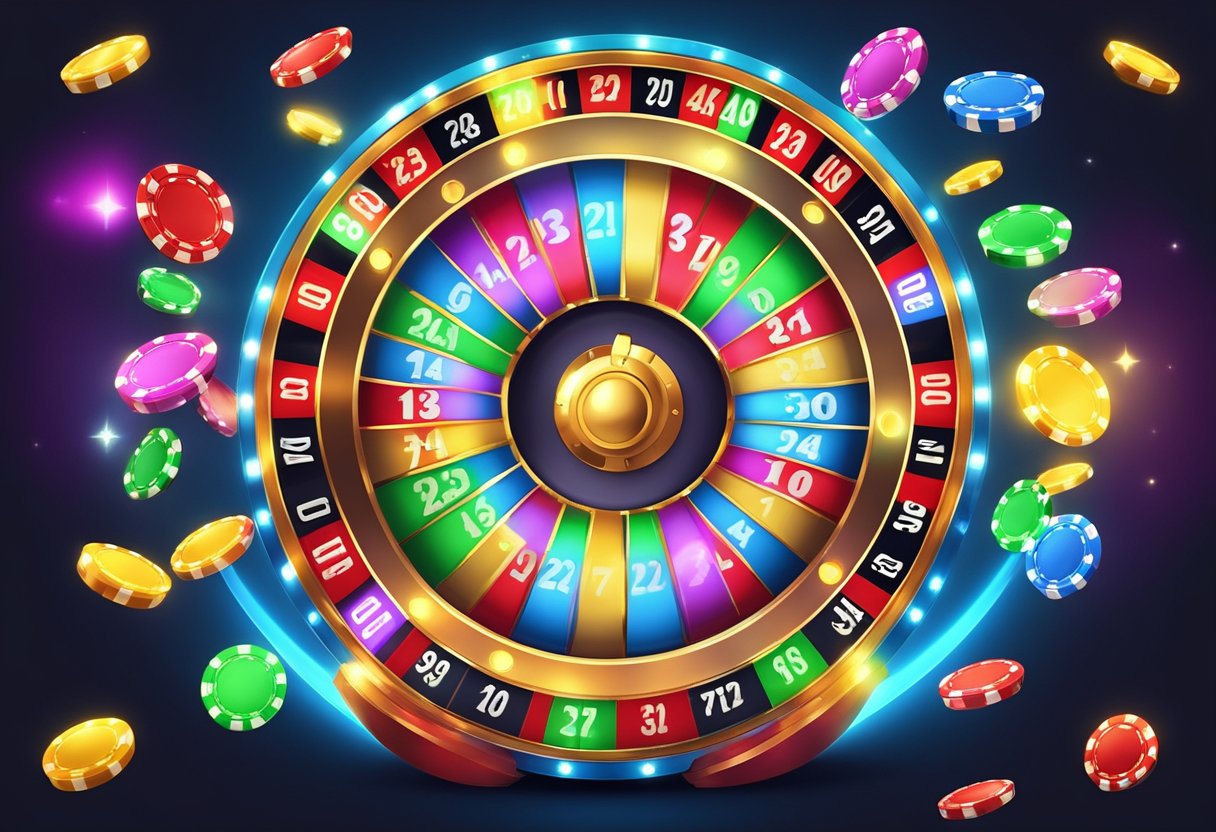 Brightly lit casino game screen with colorful slots, poker chips, and roulette wheel. Excited winning notifications pop up