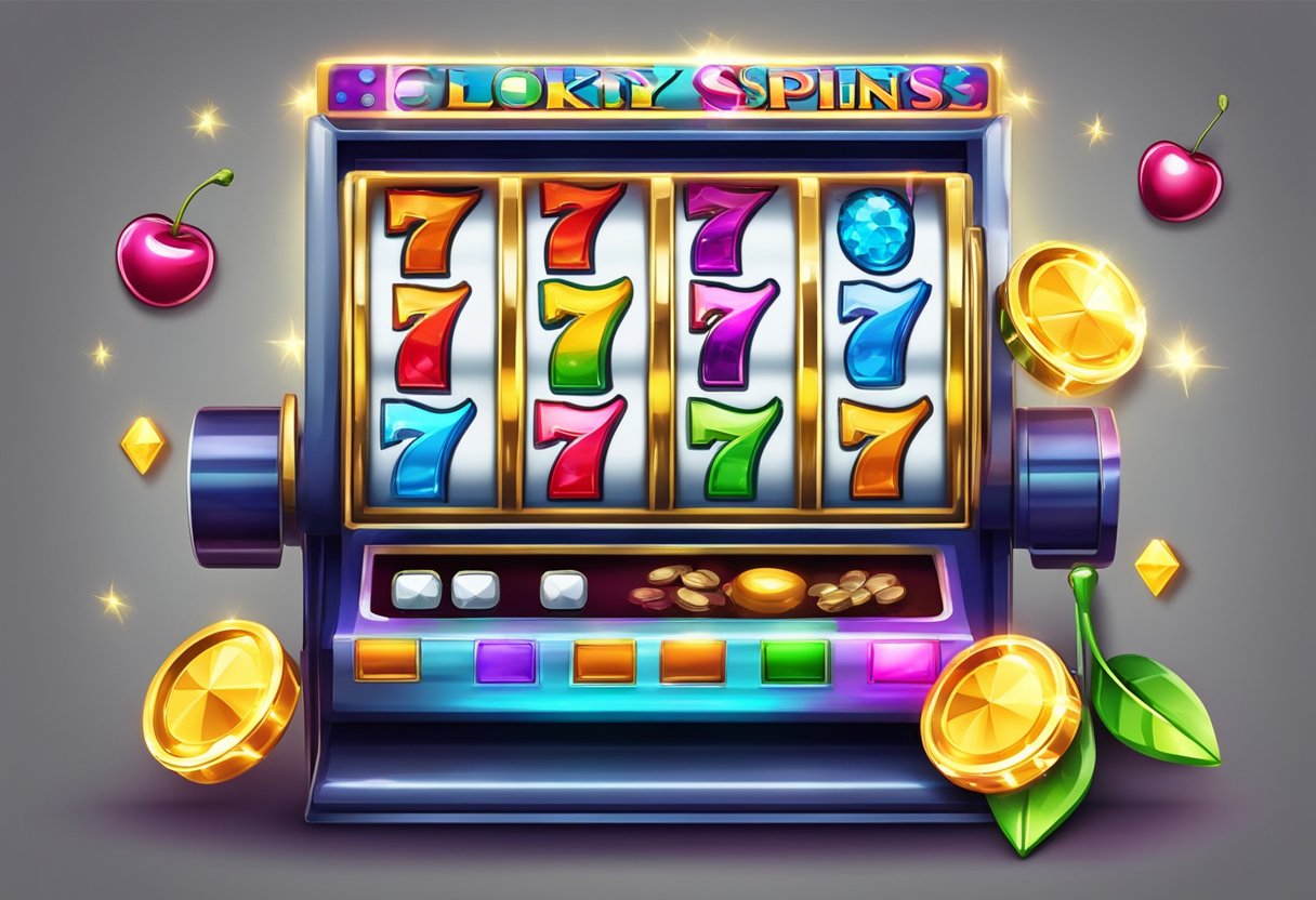 A colorful slot machine with spinning reels, displaying symbols like diamonds, lucky sevens, and cherries. A glowing "Free Spins" bonus feature is highlighted, enticing players to win real money without depositing