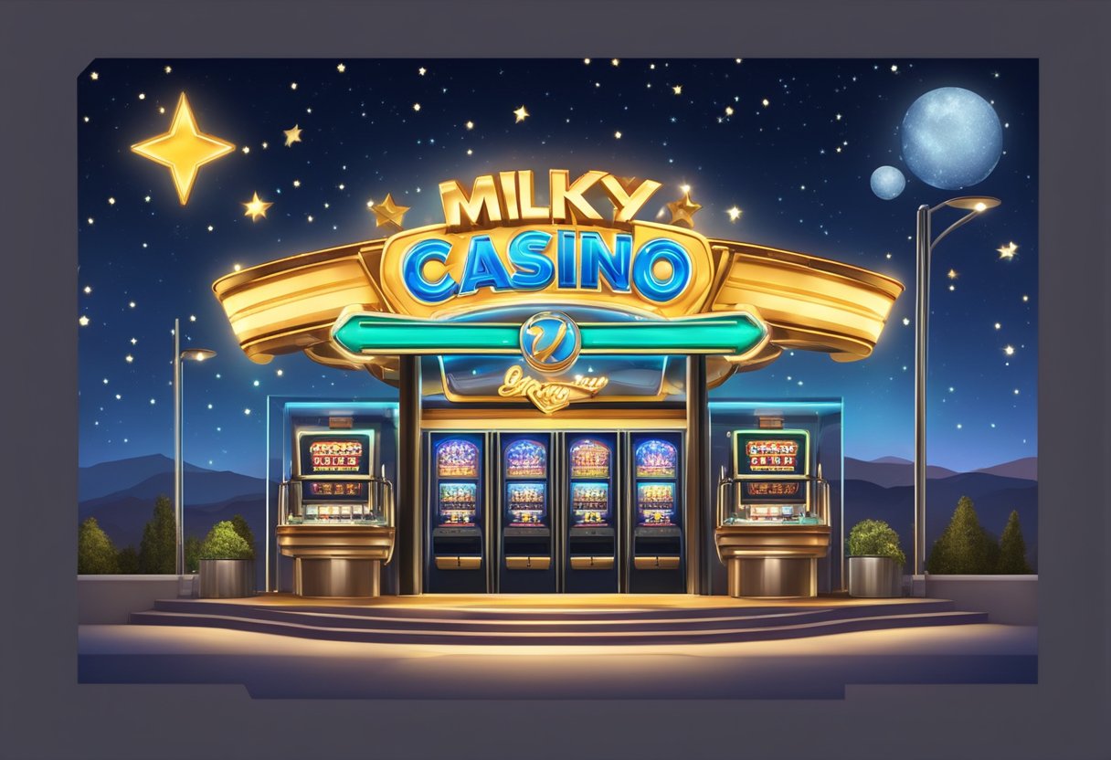 Brightly lit Milky Way Casino sign against a starry night sky. Players entering through glass doors, greeted by friendly staff. Slot machines and card tables buzzing with excitement