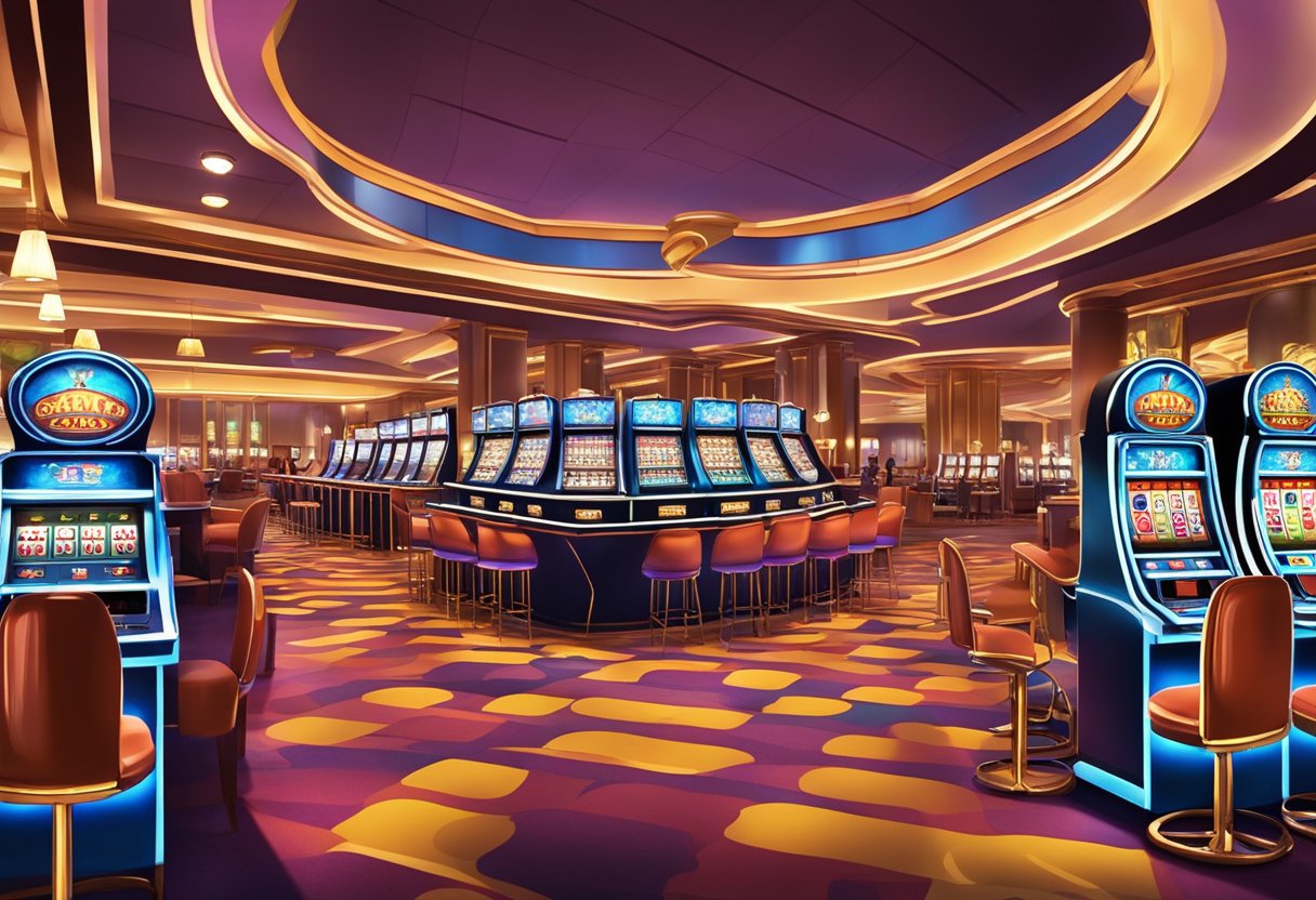 Brightly lit Michigan online casino with slot machines and card tables, bustling with activity and excitement. A colorful and inviting atmosphere with a mix of modern and classic casino decor