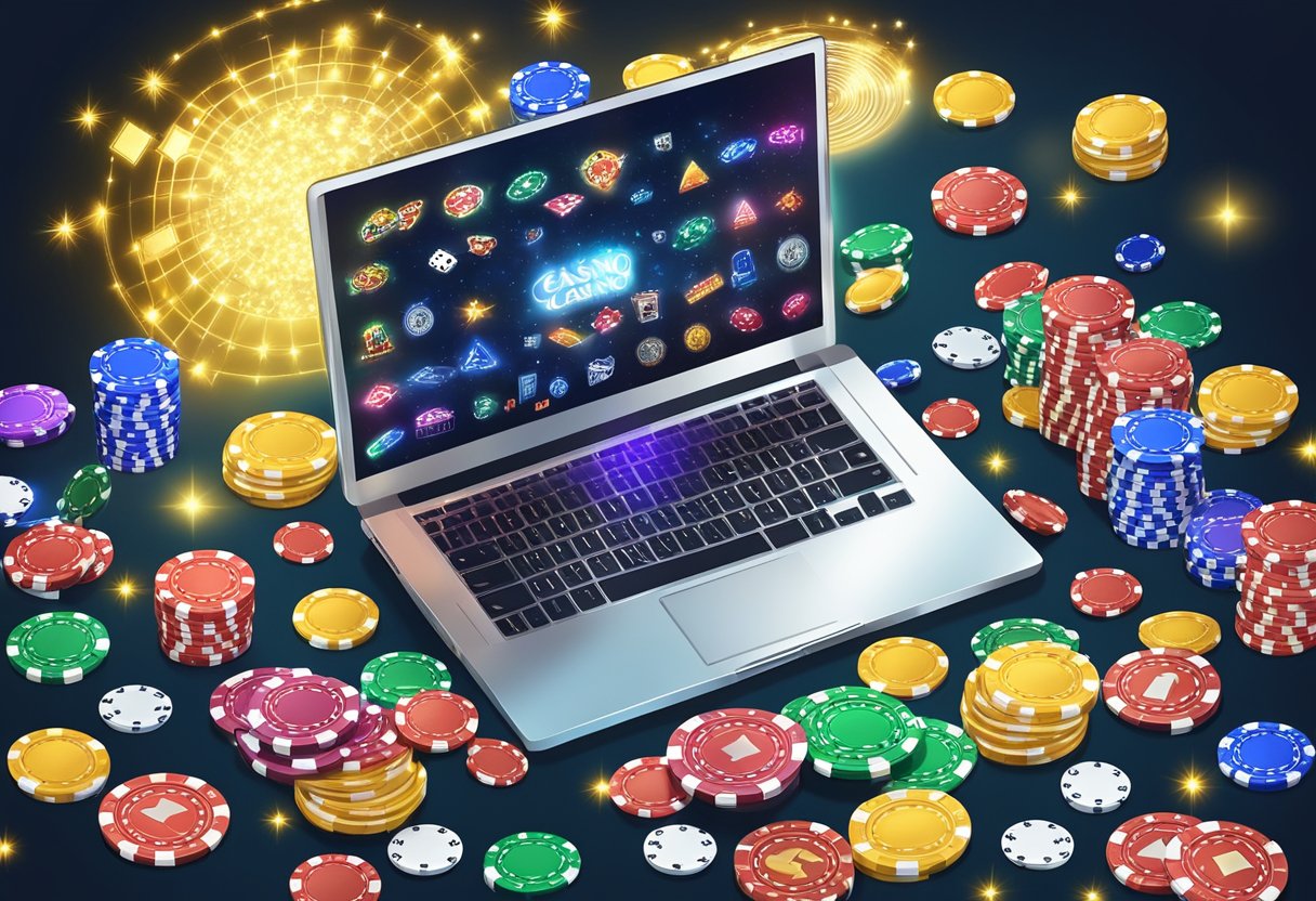 A glowing laptop screen displaying various Michigan online casino logos, surrounded by casino chips and playing cards